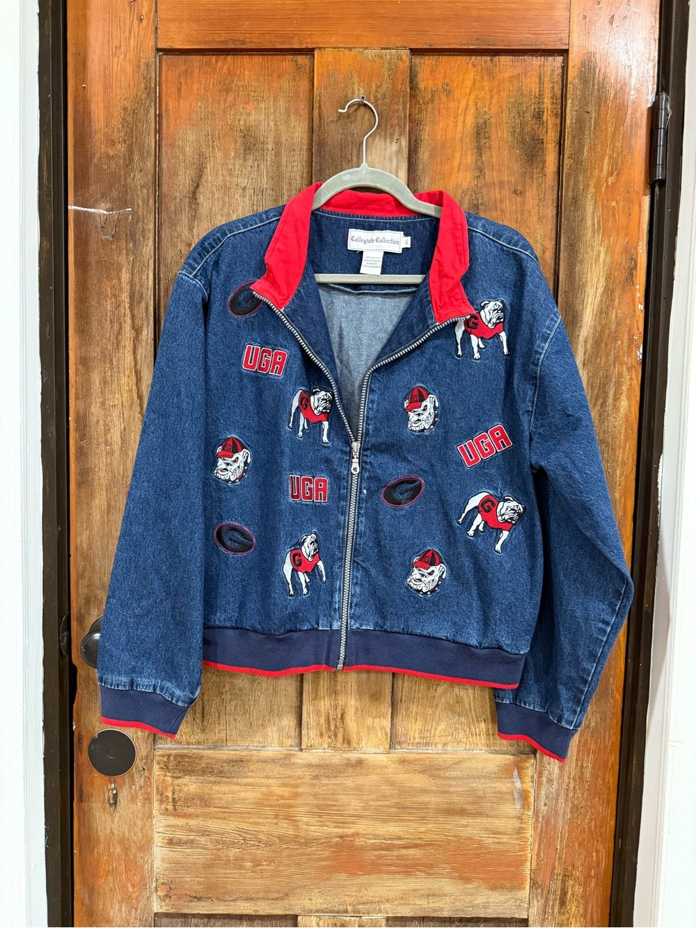 Denim Bomber Jacket with Red Trim and University Embroidery